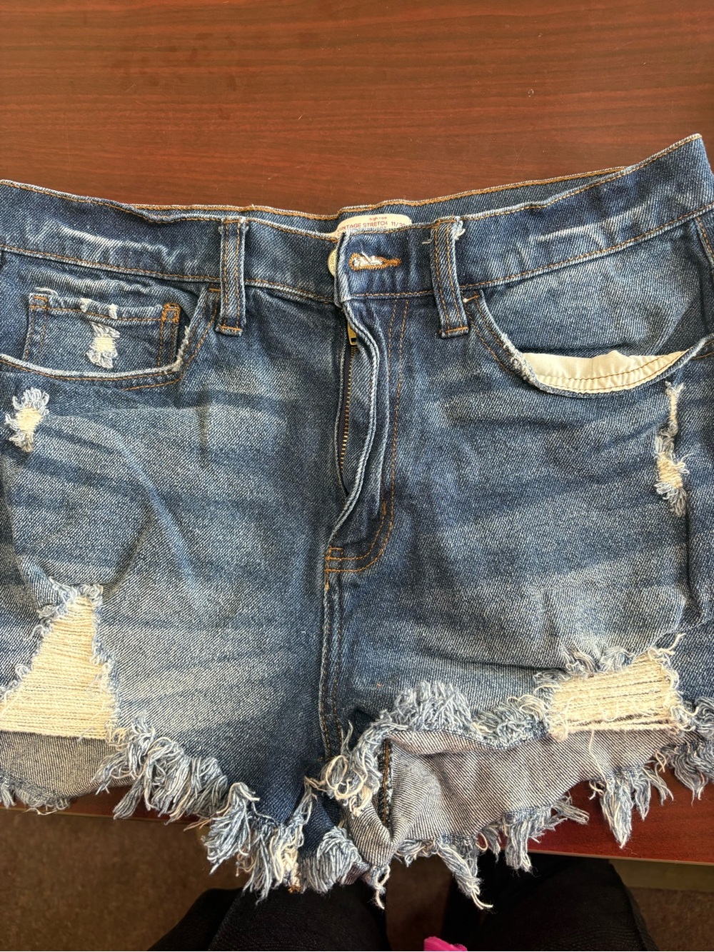 SO Distressed Denim Jean High Rise Vintage Stretch Curvy Mom Shorts- Blue
